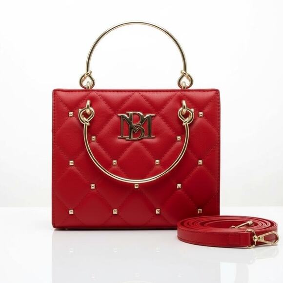 Badgley Mischka Mini Crossbody Tote Red Quilted Studs New With Tags - Picture 9 of 9